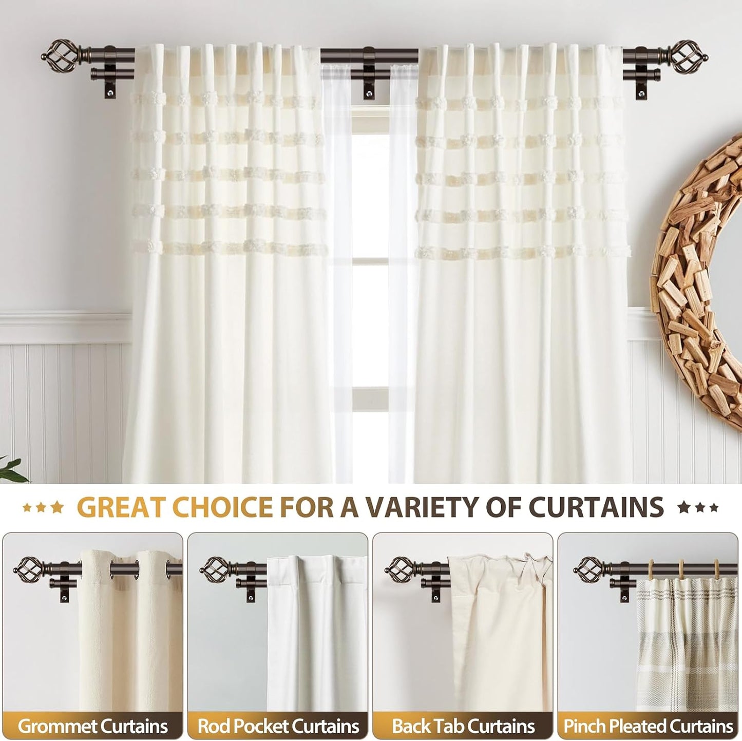 KAMANINA Double Curtain Rods for Windows 72 to 144 Inches Bronze | Heavy Duty 7/8 In, Adjustable, Long Dual Drapery Rod for Living Room, Bedroom, Easy Install, Decorative Twisted Cage Finials