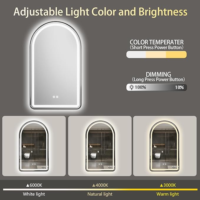 24x36 inch Black Tempered Glass LED Arched Mirror - Image 2
