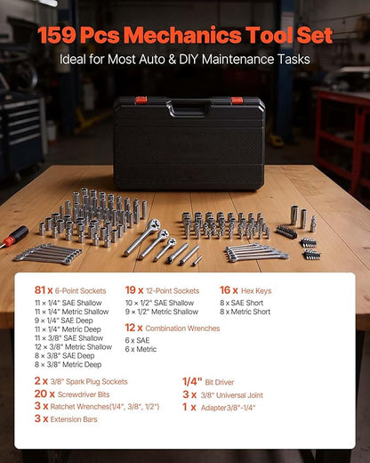 VEVOR Mechanics Tool Set, 159-Piece Mechanic Tool Kit, 1/4 in, 3/8 in, and 1/2 - Image 3