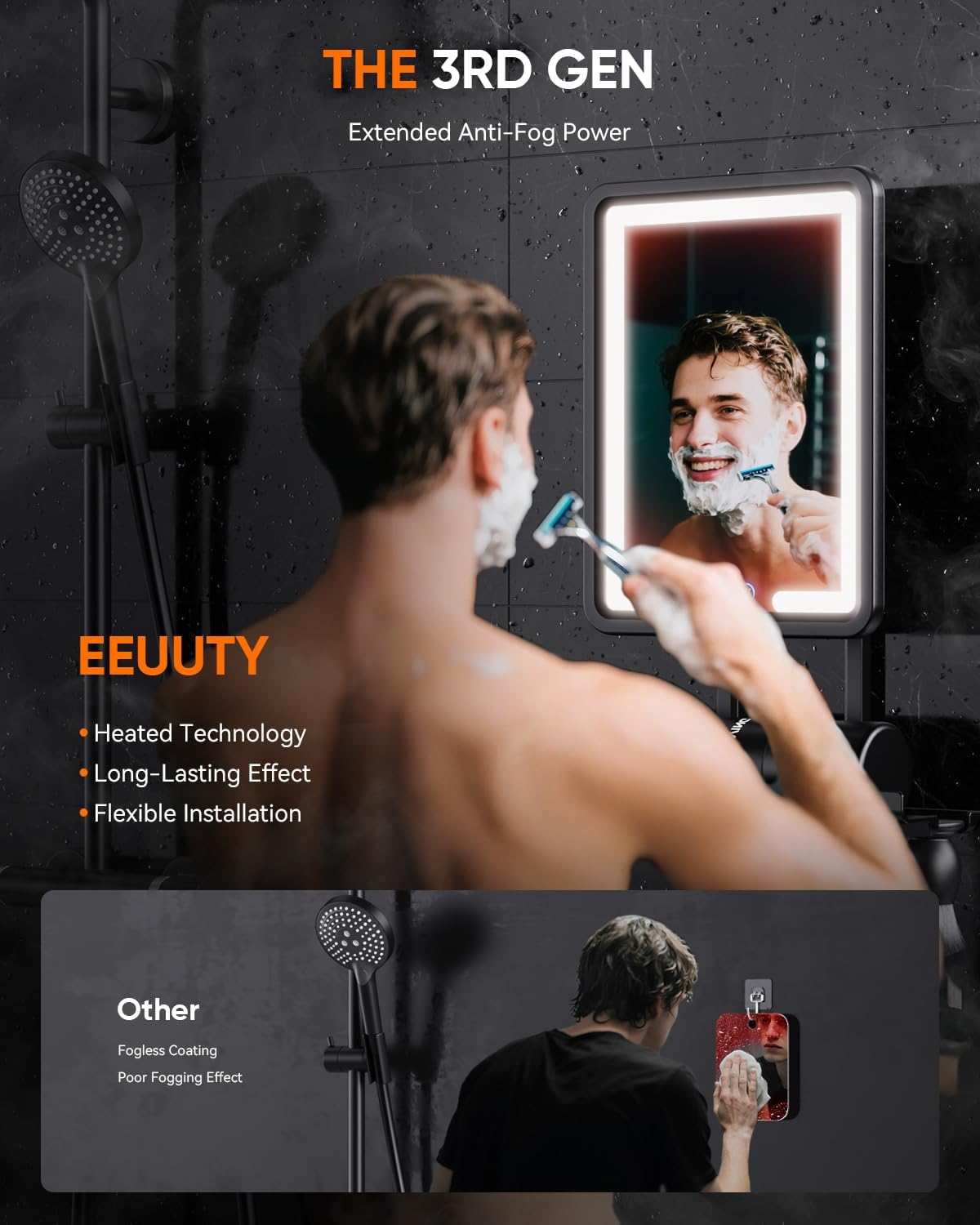 Heated Shower Mirror Fogless for Shaving (Gen 3) - 3 Colors Stepless Dimmable Lights, Anti-Fog Shaving Mirror with Razor Holder, No-Drilling, Removable - Black