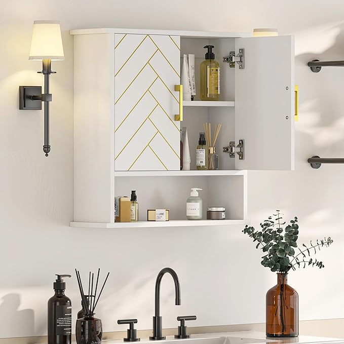 White Chevron Pattern Bathroom Wall Mount Cabinet, Stylish Hanging Medicine - Image 7