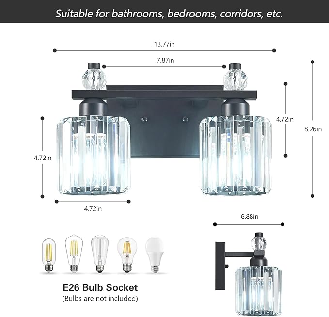 FDPBY Bathroom Vanity Lights 2-Light Sand Black Modern Crystal Vanity Light - Image 4