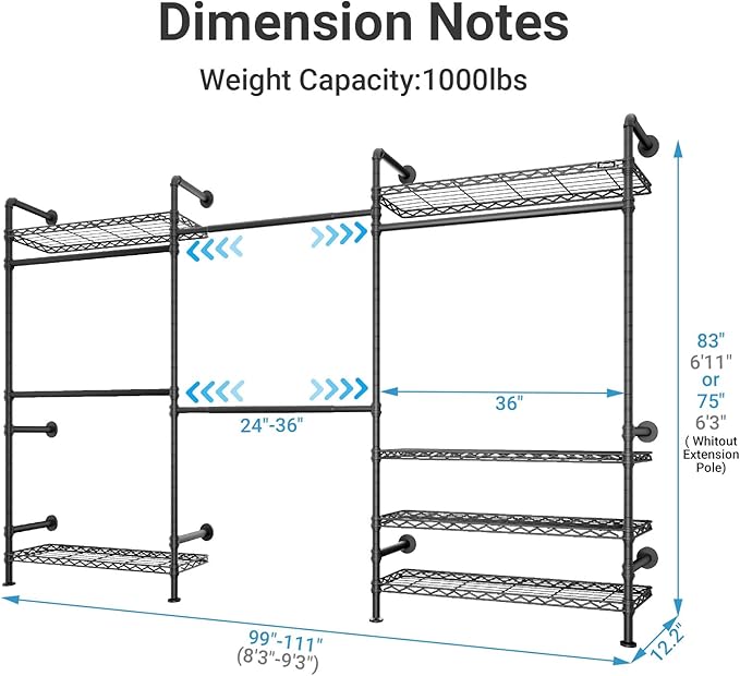 Timate F3 Plus Wall Mounted Clothes Rack Industrial Pipe Clothing Rack - Image 5