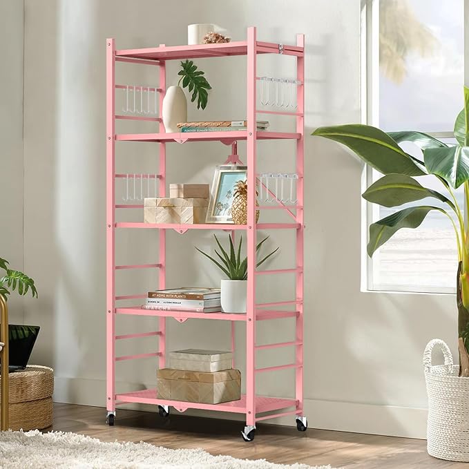 Storage Shelves with 20 Hooks, 5-Tier Foldable Shelves - Image 2