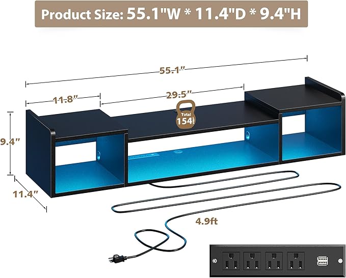 55.1"W Floating TV Stand with LED Lights & Power Outlets - Image 9