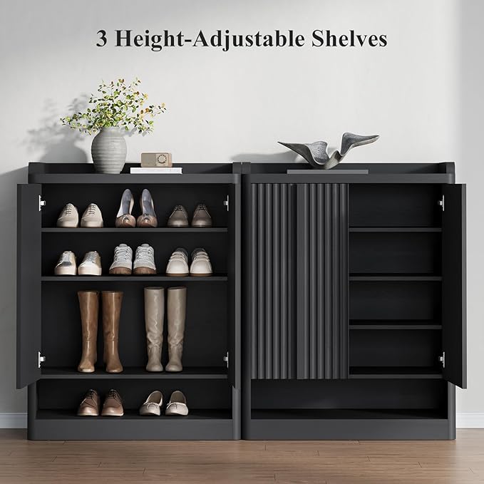 Fluted Shoe Cabinet, 25 Pair Shoe Storage Organizer Cabinet, Mid-Century Wooden - Image 5