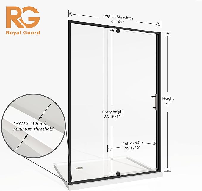 44-48" W x 71" H Pivot Shower Door, Pivot Semi-Frameless Swing Glass Shower Door - Image 9