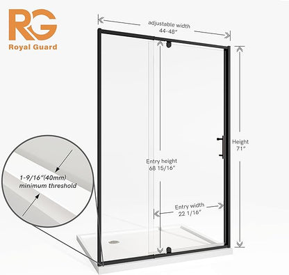 44-48" W x 71" H Pivot Shower Door, Pivot Semi-Frameless Swing Glass Shower Door - Image 9