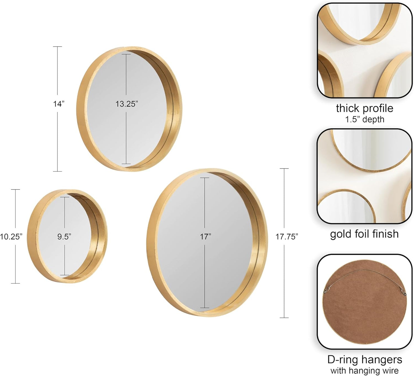 Kate and Laurel Travis Modern Round Wall Mirror Set; Set of 3; Varying Sizes; Gold; Decorative Three-Piece Circle Mirror Set for Use as Bathroom Mirror Decor or Gallery Wall Mirrors