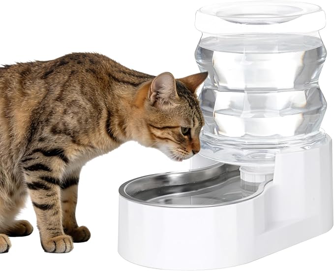 RIZZARI Gravity Water Bowl Dispenser: 4L White Stainless Steel Water Feeder by RIZZARI