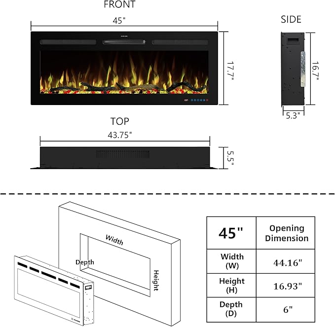 45" WiFi Electric Fireplace Inserts, Recessed and Wall Mounted Fireplace Heater - Image 6