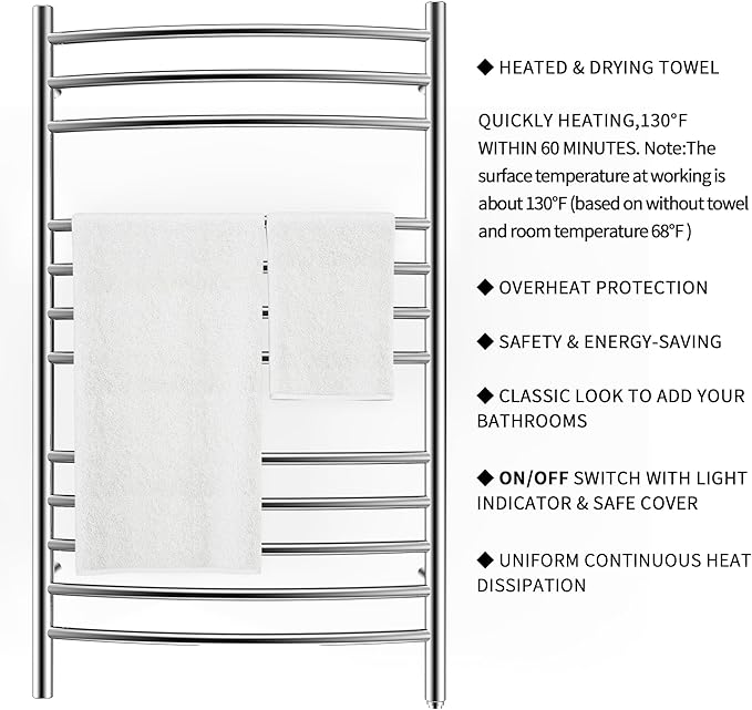 HEATGENE Towel Warmer Wall Mount Electric Plug-in/Hardwired Heated Towel Rack - Image 3