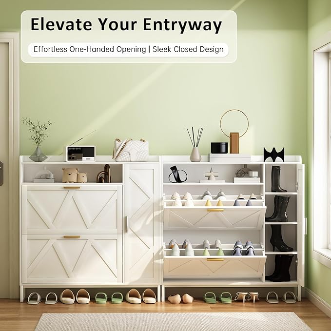 White Shoe Cabinet with 2 Flip Drawers Door, Adjustable Shelves, Narrow Shoe - Image 3