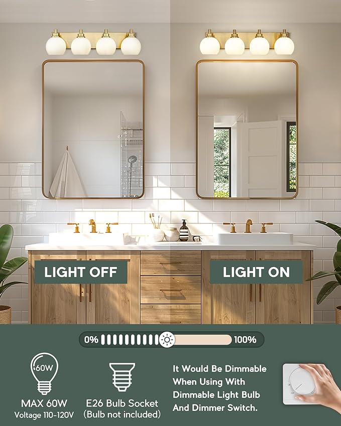 METWET Bathroom Light Fixtures, 4 Light Brushed Gold Vanity Light, 26 Inch - Image 2
