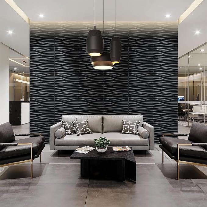 STICKGOO Black 3D Wall Panels, Wave Design Textured PVC Wall Panels, - Image 3