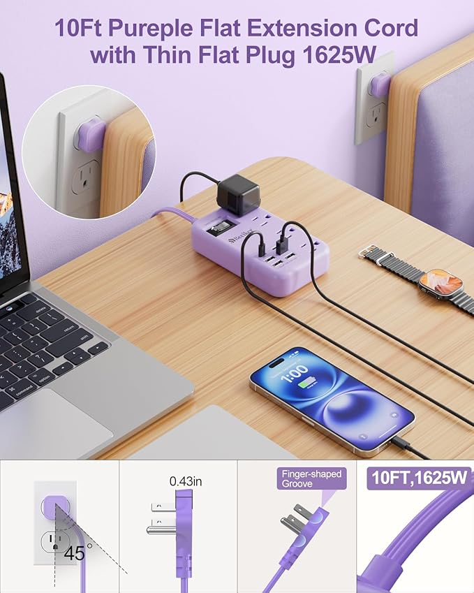 Beeiker 6 USB Purple Surge Protector Power Strip- 10 Ft Purple Extension Cord - Image 3