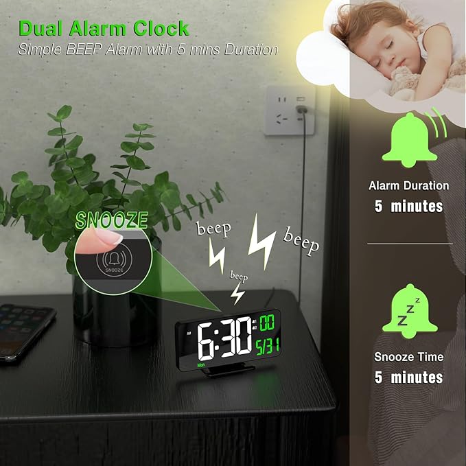 KOSUMOSU Desk Clock 6.7in Black Digital Alarm Clock - Image 6