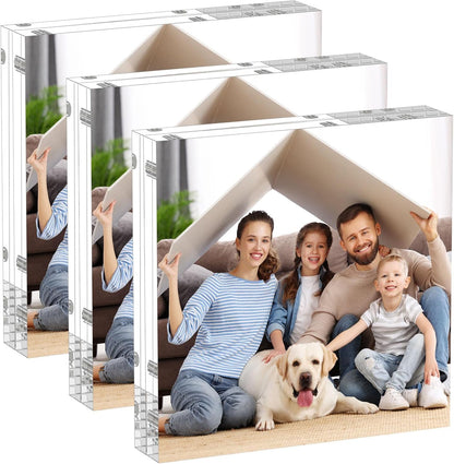 AITEE 5x5 Acrylic Picture Frames 3 Pack, Clear Picture Frames，20% Thicker | Freestanding Double Sided Magnetic Acrylic Lucite Frameless Transparent Square Frame Block Gift for Desktop Display