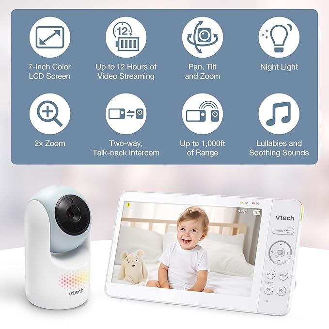 VTech 7" Baby Monitor with IPS Screen, Pan Tilt Zoom Camera, No WiFi Video Baby - Image 2