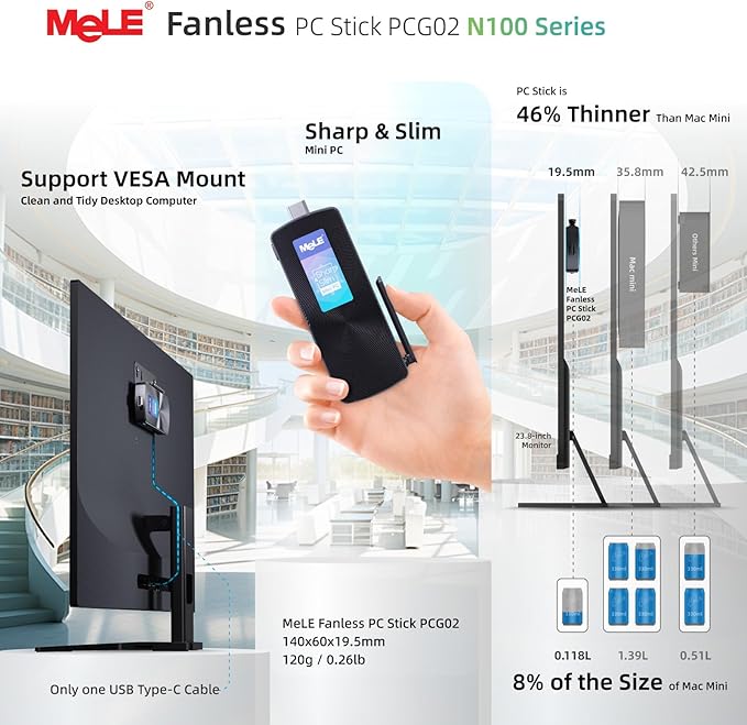MeLE Fanless Mini PC Stick PCG02, N100 8GB 128GB Compute Stick, Micro Desktop - Image 8