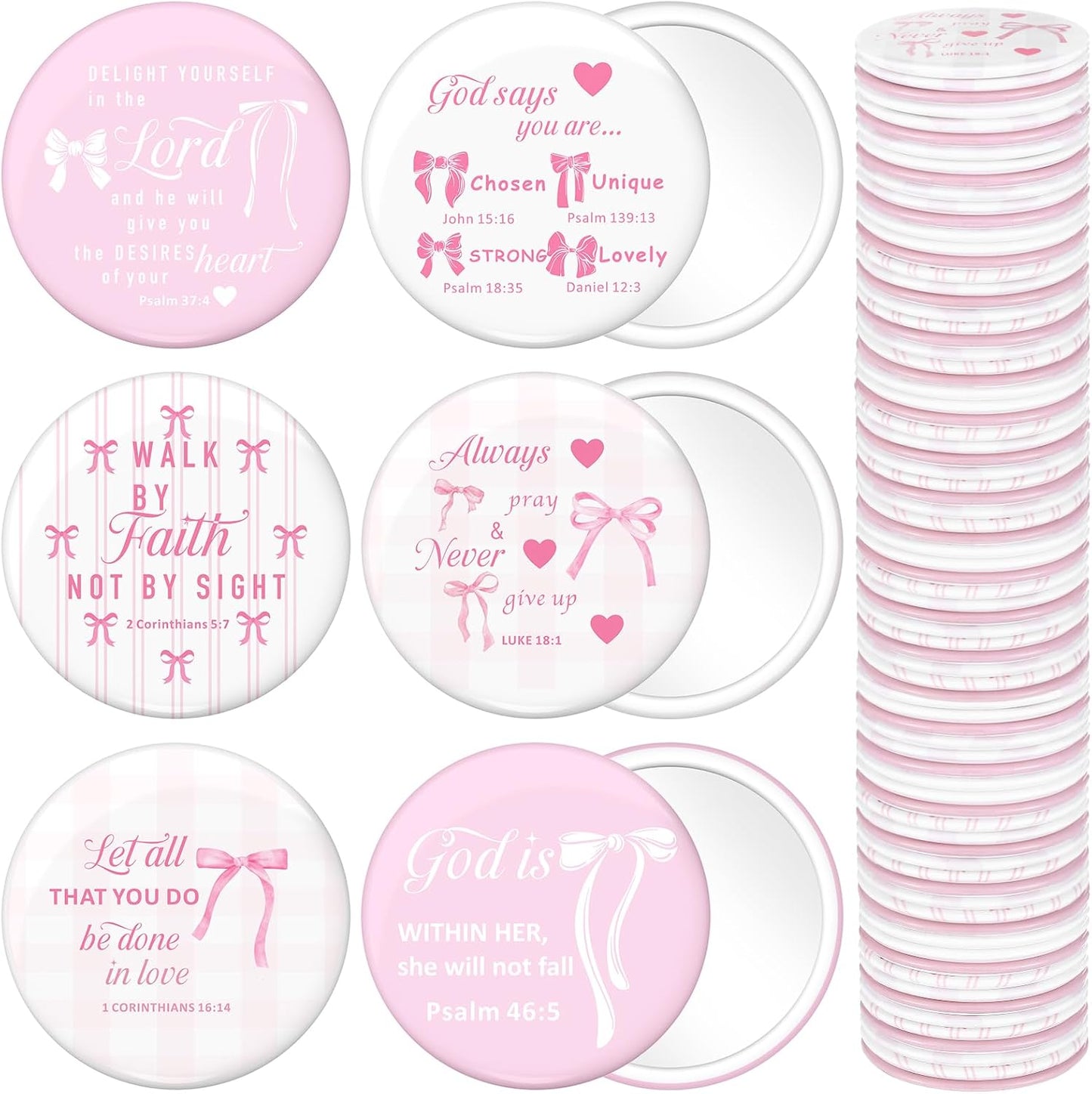 48 Pcs Pink Bow Compact Mirrors Bulk Christian Gifts for Women | Mini Pocket Makeup Mirror for Purse, Bible Verse Scripture, Bible Pink Bow Birthday Wedding Party Favor, Inspirational Gift
