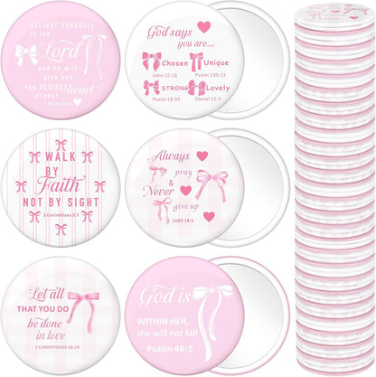 48 Pcs Pink Bow Compact Mirrors Bulk Christian Gifts for Women | Mini Pocket Makeup Mirror for Purse, Bible Verse Scripture, Bible Pink Bow Birthday Wedding Party Favor, Inspirational Gift