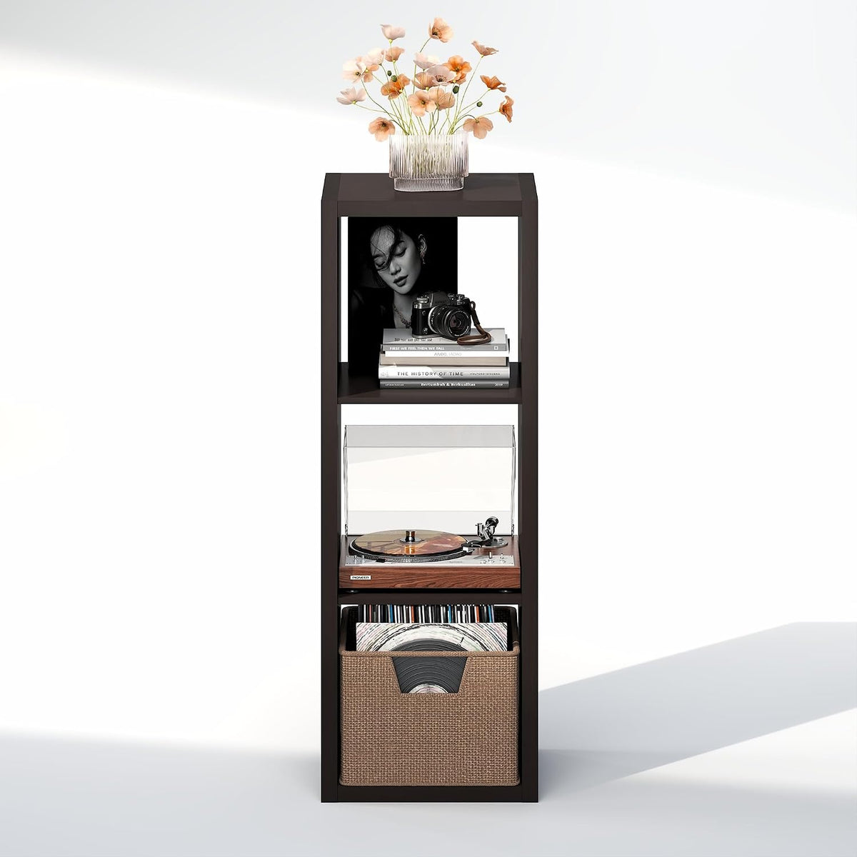 Furinno Cubicle Record Player Stand, 3-Cube Record Storage, Dark Oak