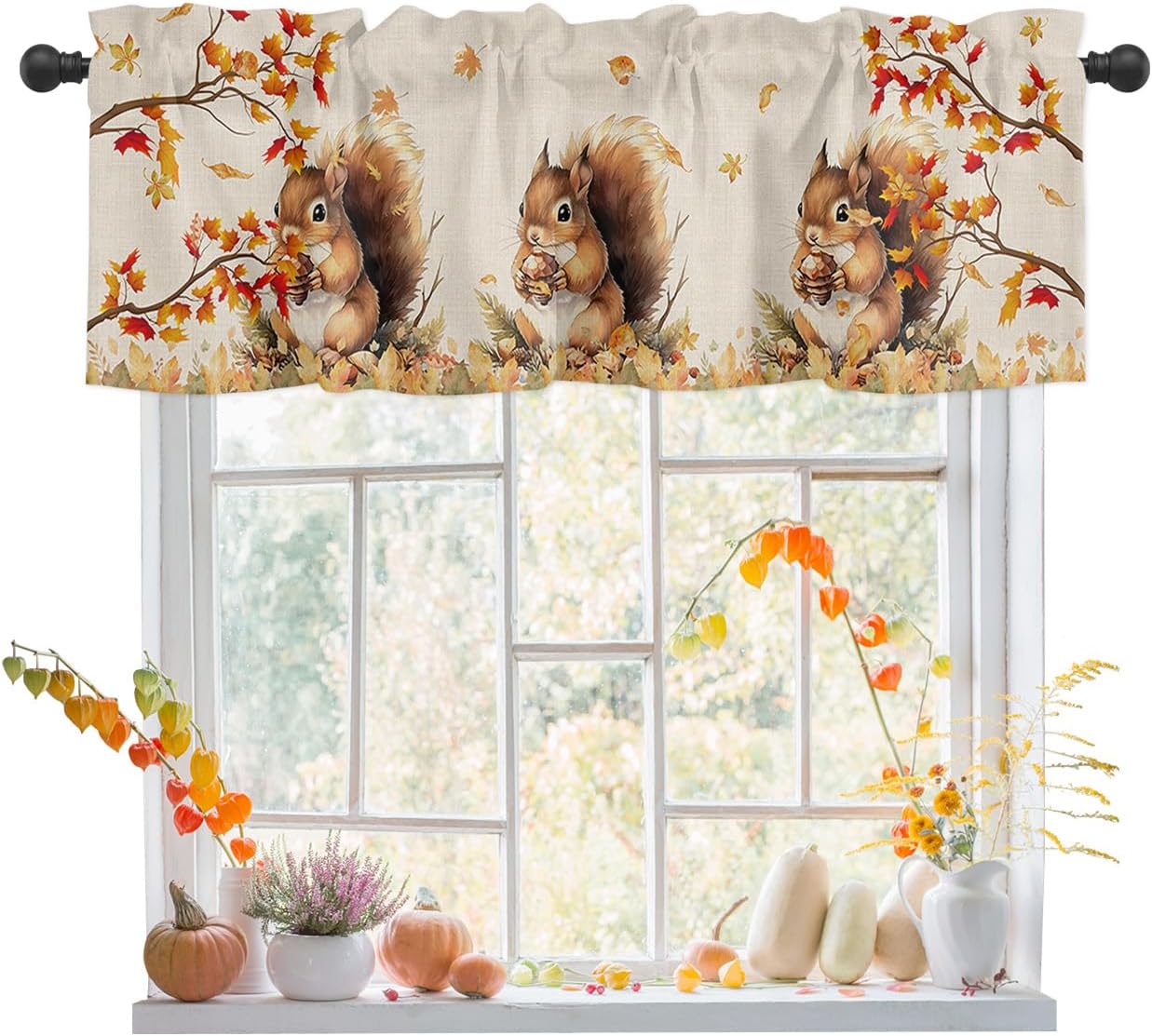 Squirrel Fall Window Valance Curtains, Farmhouse Maple Tree Leaf Window Treatment for Kitchen, Bathroom, Bedroom, Thanksgiving Day Autumn Botanical Rod Pocket Short Curtain 1 Panel, 54x18 in