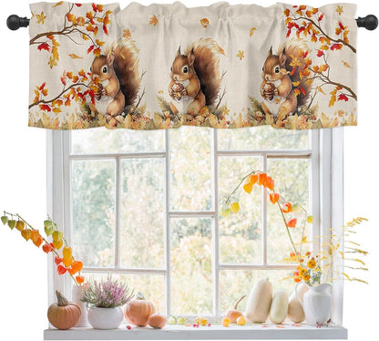 Squirrel Fall Window Valance Curtains, Farmhouse Maple Tree Leaf Window Treatment for Kitchen, Bathroom, Bedroom, Thanksgiving Day Autumn Botanical Rod Pocket Short Curtain 1 Panel, 54x18 in