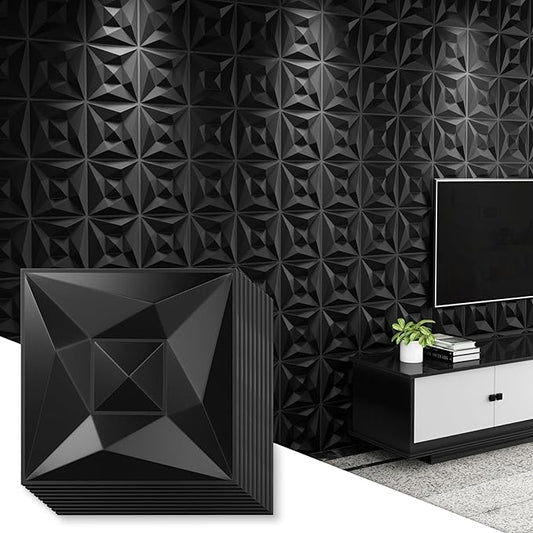 Greymond Black PVC 3D Wall Panels, 33 Pack 11.8''x11.8''Geometric Design by Greymond
