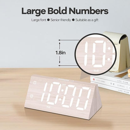 Digital Alarm Clock, with Wooden Electronic LED Time Display, 3 Alarm Settings - Image 2