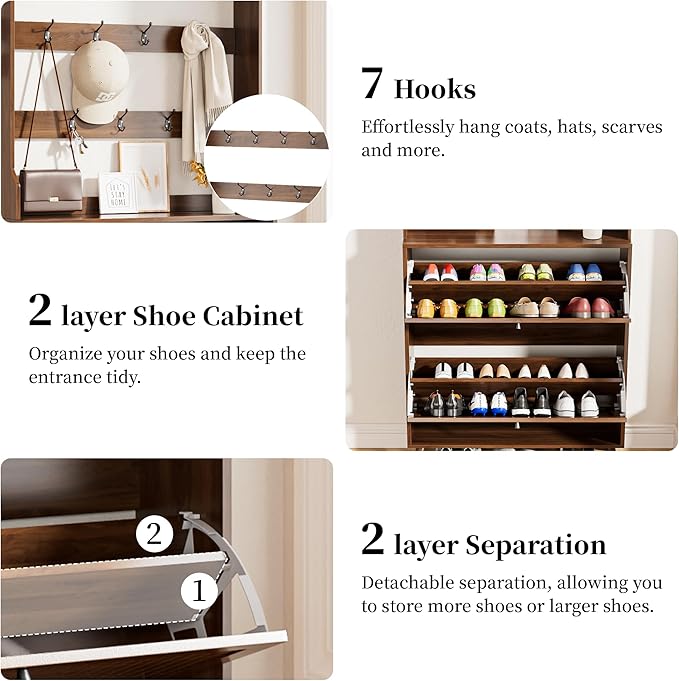 Shoe Cabinet for Entryway with 2 Flip Drawers & Coat Rack, Narrow Hidden Shoe - Image 4