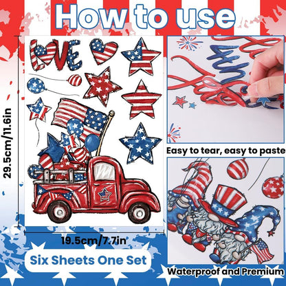 DIYDEC 6 Sheets Patriotic Window Clings Happy 4th of July Window Stickers Gnome Truck American Flags Stars Firework Decals Double-Sided for Independence Day Home Party Decoration