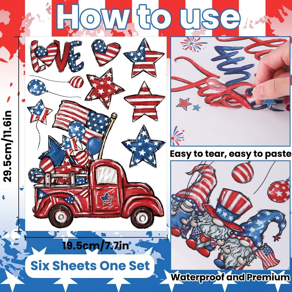 DIYDEC 6 Sheets Patriotic Window Clings Happy 4th of July Window Stickers Gnome Truck American Flags Stars Firework Decals Double-Sided for Independence Day Home Party Decoration