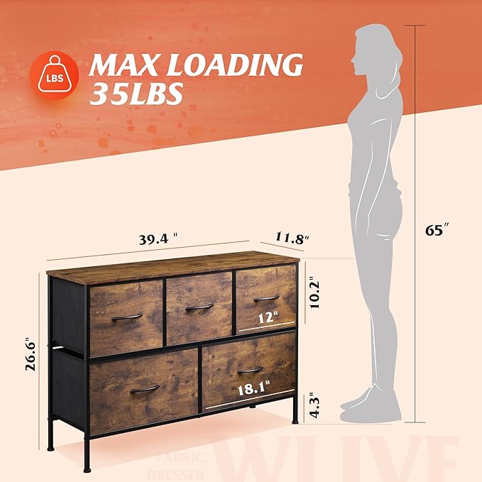 WLIVE Dresser for Bedroom with 5 Drawers, Long Fabric Dresser, Storage Drawer - Image 3