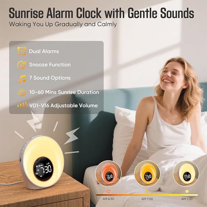 Wake Up Light Sunrise Alarm Clock, Night Lights, Dual Alarms, Bedside Lamp - Image 3