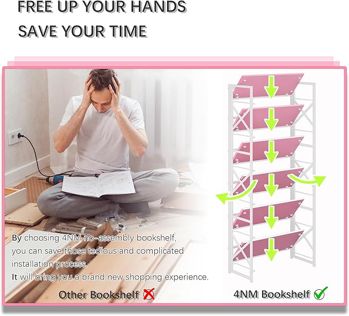 4NM 6 Tiers No Assembly Book Shelves, 61.8" H Folding Bookshelf Bookcase Open - Image 7