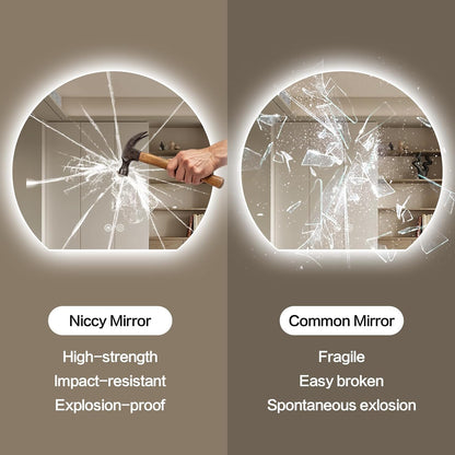 Niccy Round LED Bathroom Mirrors, Half Circle Backlit Mirror, 36" | Frameless Half Moon Mirror for Bathroom Wall, 3 Color Dimmable Anti-Fog Makeup Mirror, Explosion-Proof