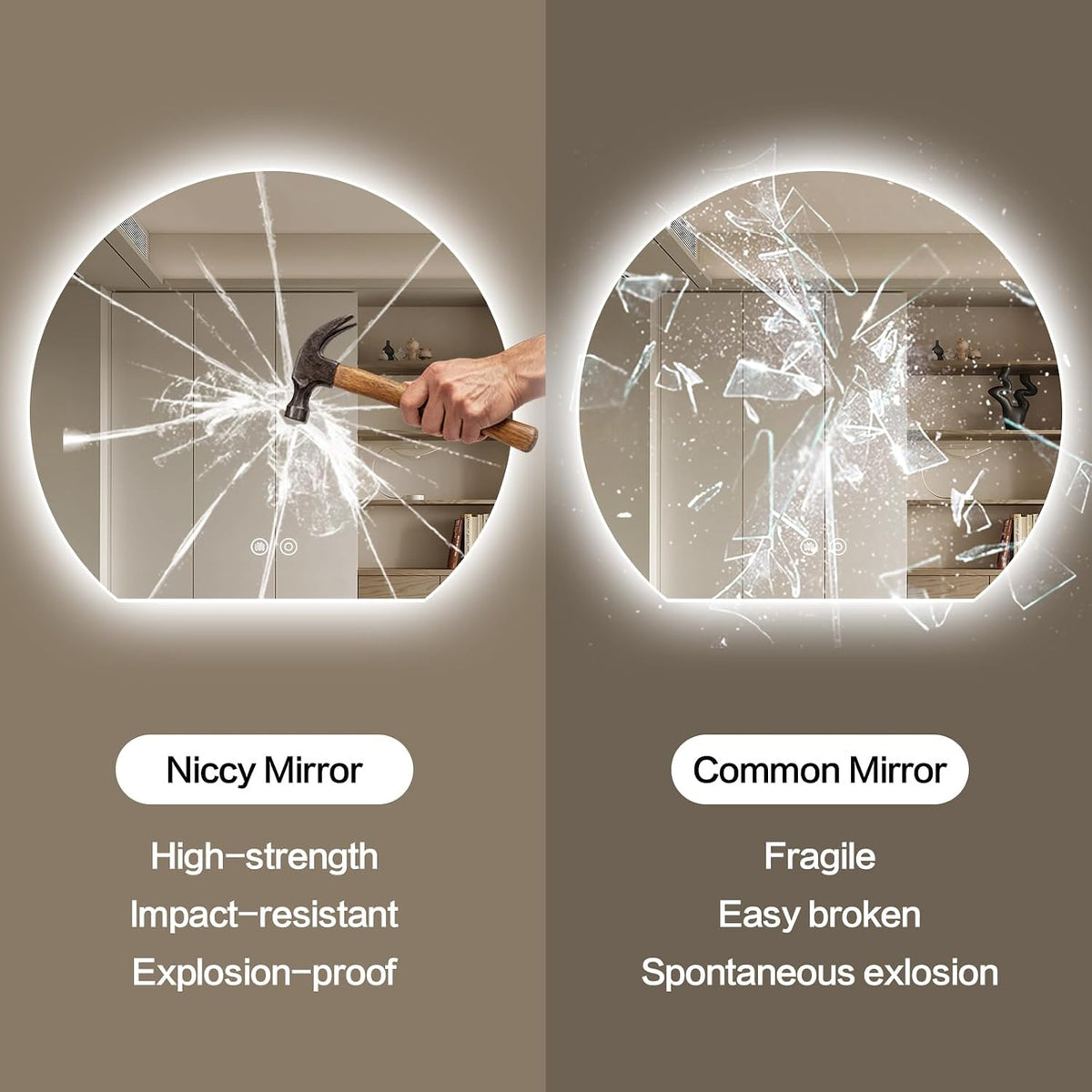 Niccy Round LED Bathroom Mirrors, Half Circle Backlit Mirror, 44" | Frameless Half Moon Mirror for Bathroom Wall, 3 Color Dimmable Anti-Fog Makeup Mirror, Explosion-Proof