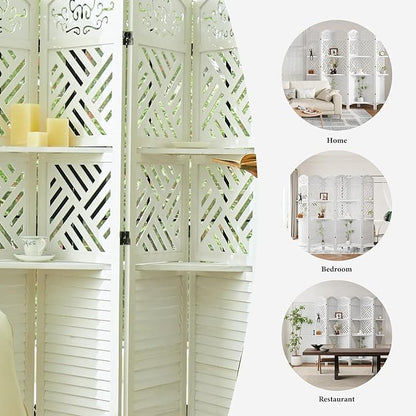 Svimi Room Divider with Shelves, 68.9inch Wood Carved and Louvered Wall Divider - Image 6