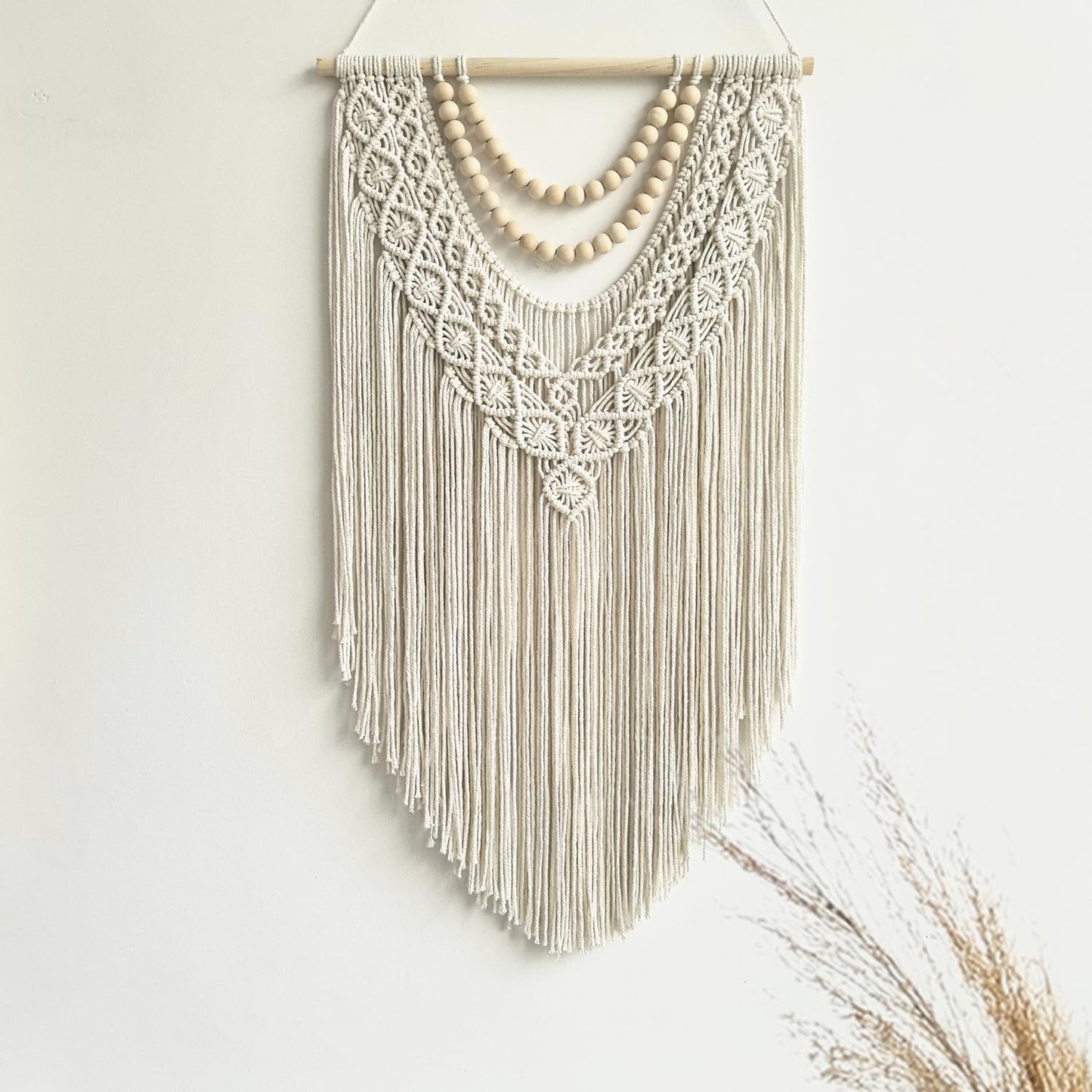 guzhiou Macrame Wall Hanging Boho Geometric Woven Tapestry Cotton Handmade Bohemian Art Decor with Wood Bead Wall Decor for Bedroom Living Room Apartment Nursery 31.5" L x 17" W (Wood bead-B)