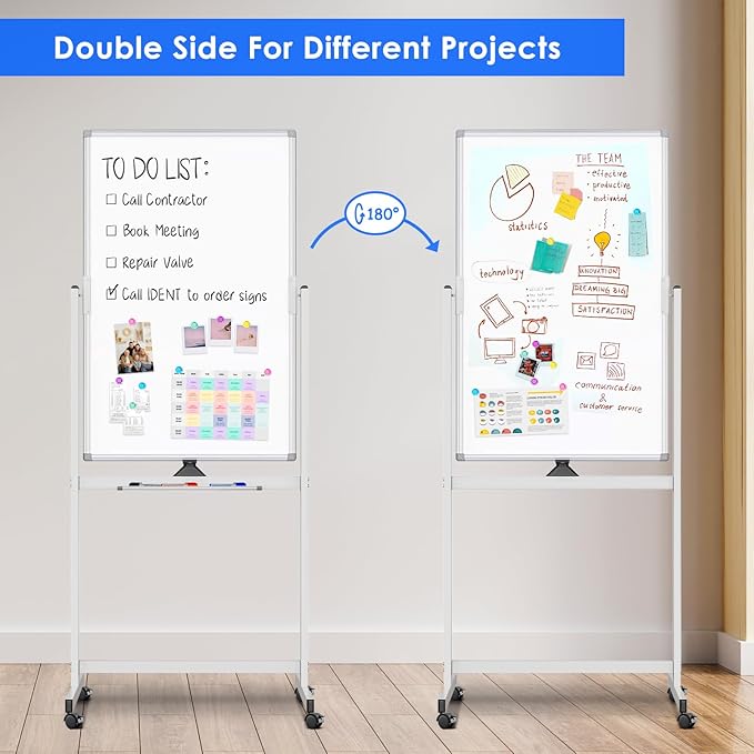 Magnetic Mobile White Board, 40 x 24 Double Sided Dry Erase Board Rolling - Image 4