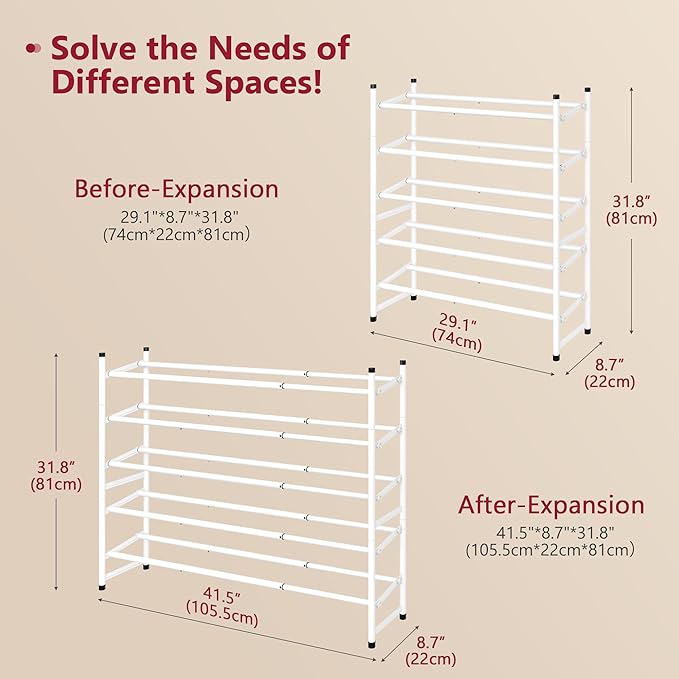 Tajsoon Expandable Shoe Rack for Closet 5 Tier, 29“-41“Adjustable & Stackable - Image 3