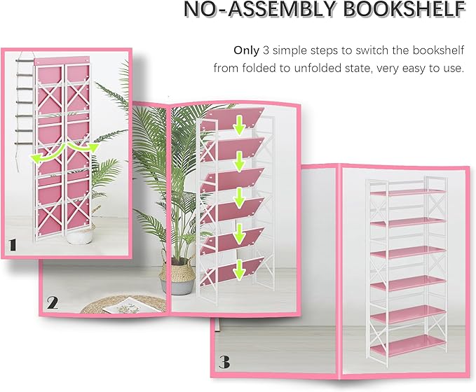 4NM 6 Tiers No Assembly Book Shelves, 61.8" H Folding Bookshelf Bookcase Open - Image 6