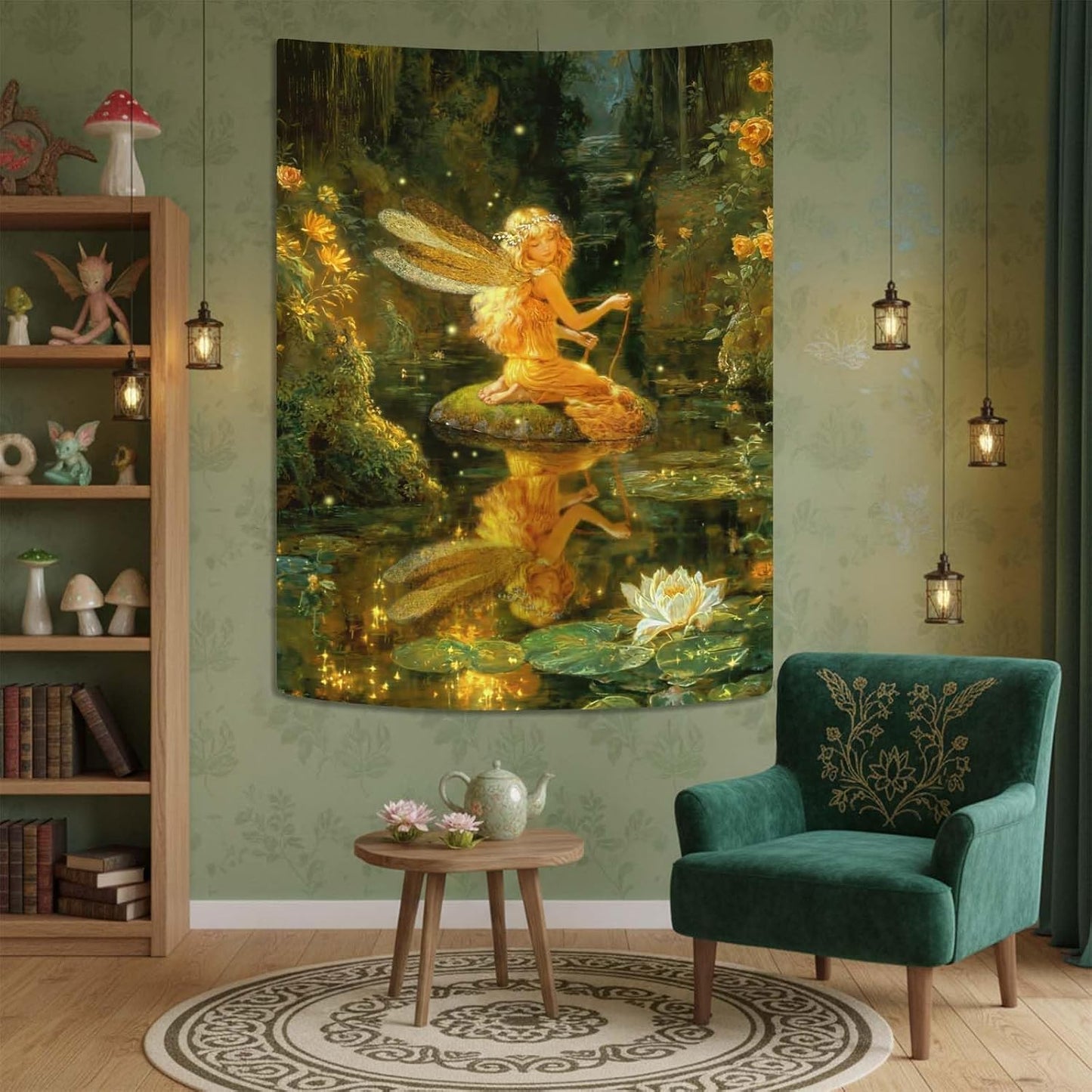 Lifeel Fairy Tale Tapestry, Dreamy Magic Forest Fantasy Water Lily Pond Tapestries Wall Hanging for Girls Bedroom Home Decor, Green 36x48 inches
