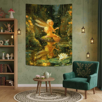 Lifeel Fairy Tale Tapestry, Dreamy Magic Forest Fantasy Water Lily Pond Tapestries Wall Hanging for Girls Bedroom Home Decor, Green 36x48 inches