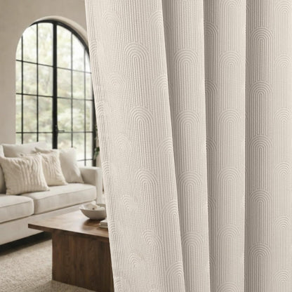 Beige Boho Blackout Curtains 2 Panels for Bedroom 52W*84L | Mid Century Modern Cotton Textured Patterned Drapes