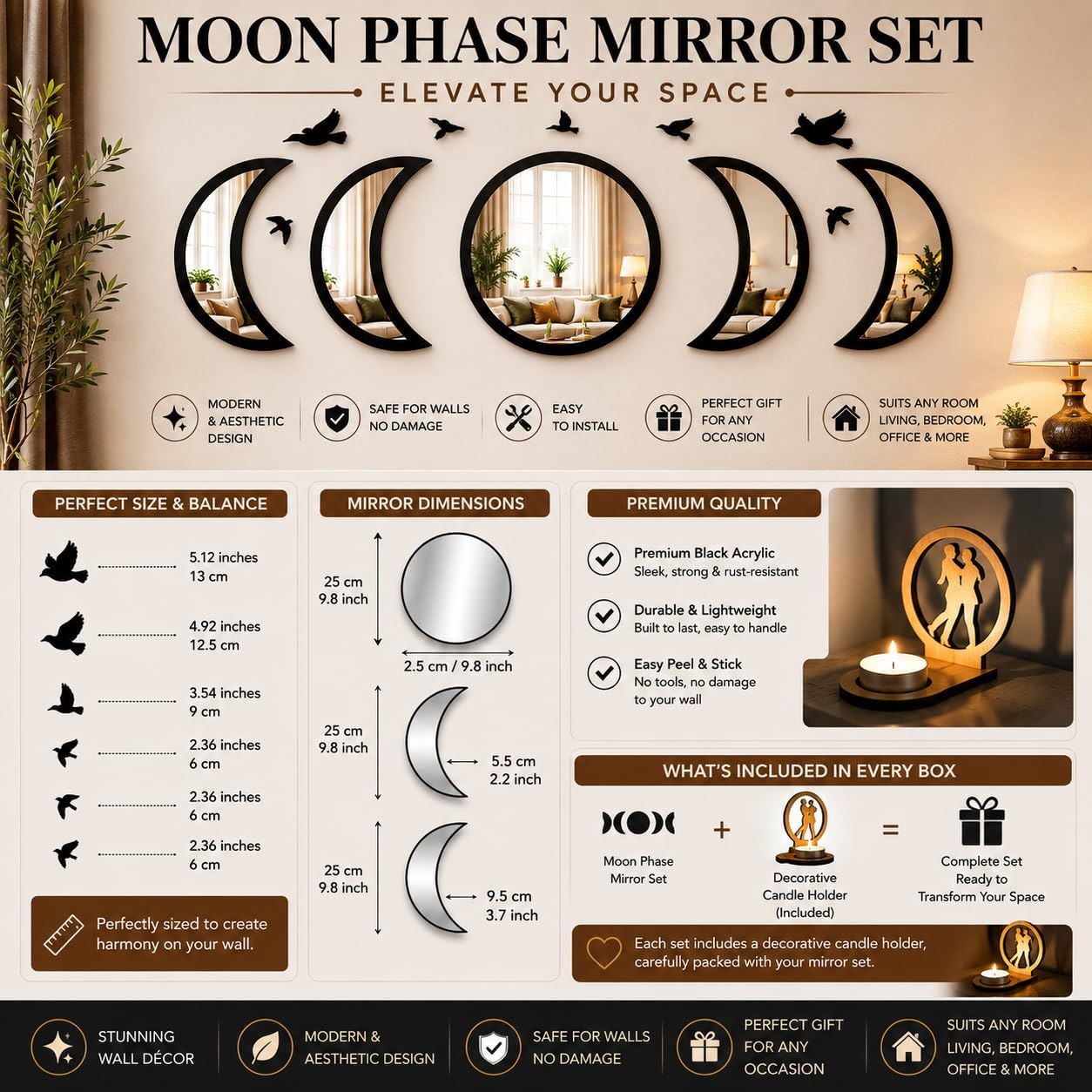 NESHE Moon Phase Mirror Wall Decor Set with Birds | Gothic Witchy Boho Wall Mirror Decor | Scandinavian Aesthetic Home Decor for Bedroom Living Room (Black)