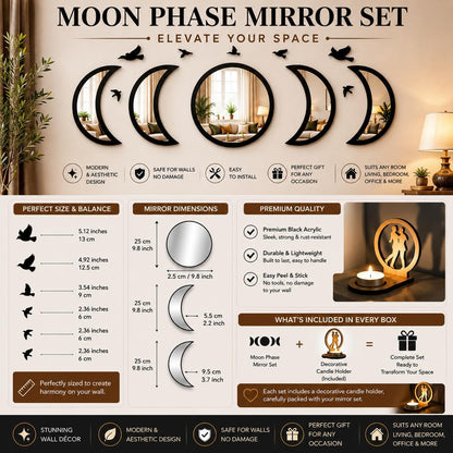 NESHE Moon Phase Mirror Wall Decor Set with Birds | Gothic Witchy Boho Wall Mirror Decor | Scandinavian Aesthetic Home Decor for Bedroom Living Room (Black)