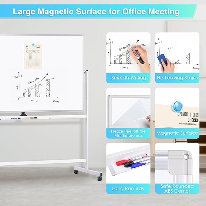 maxtek Rolling Whiteboard 72x40, Large Double-Sided White Board Dry Erase on - Image 5